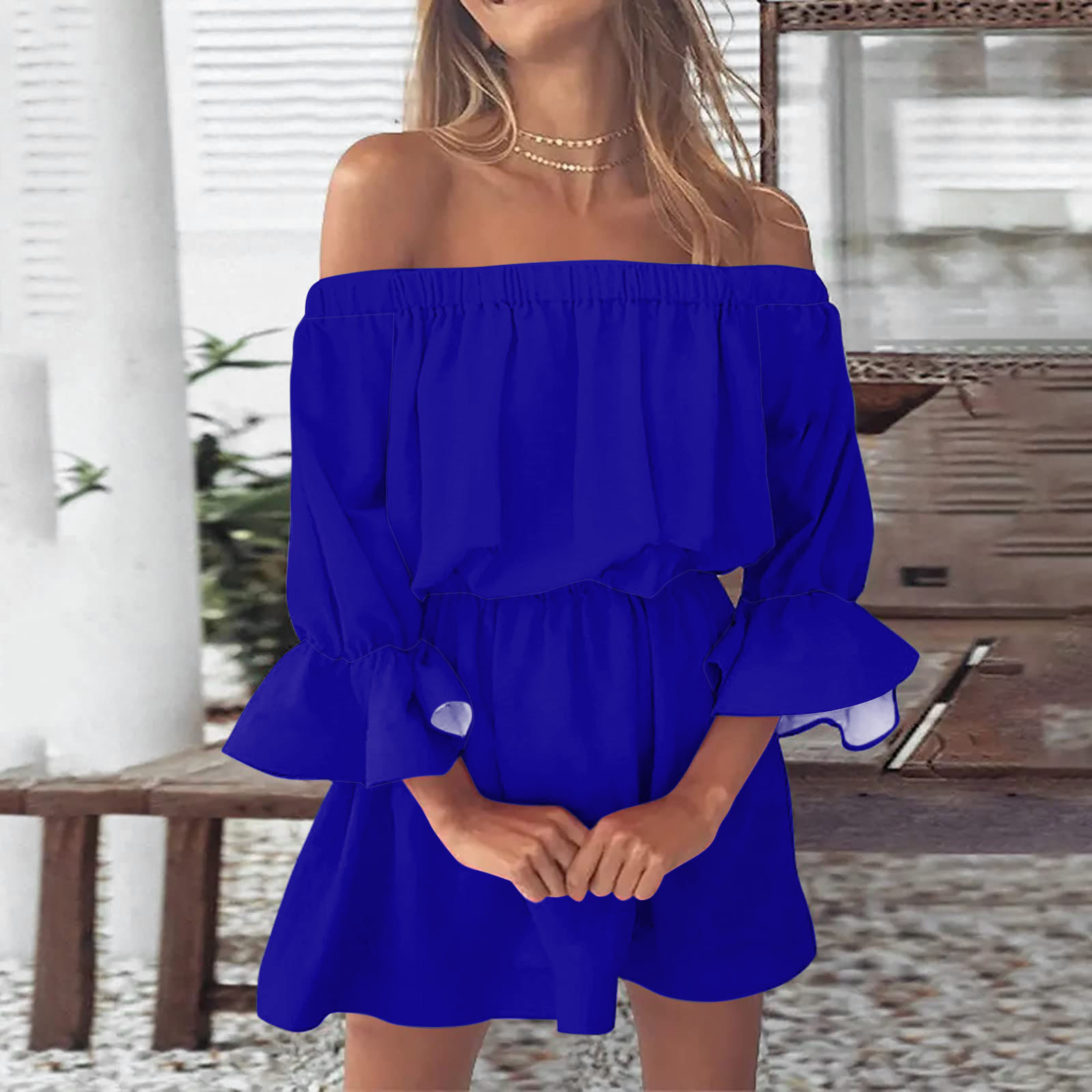 thumbnail image 2 of Mini vestido vintage con estampado, hombros descubiertos y mangas acampanadas para mujer: vestido informal y holgado de verano para la playa con diseño floral, tejido de poliéster, 2 of 5